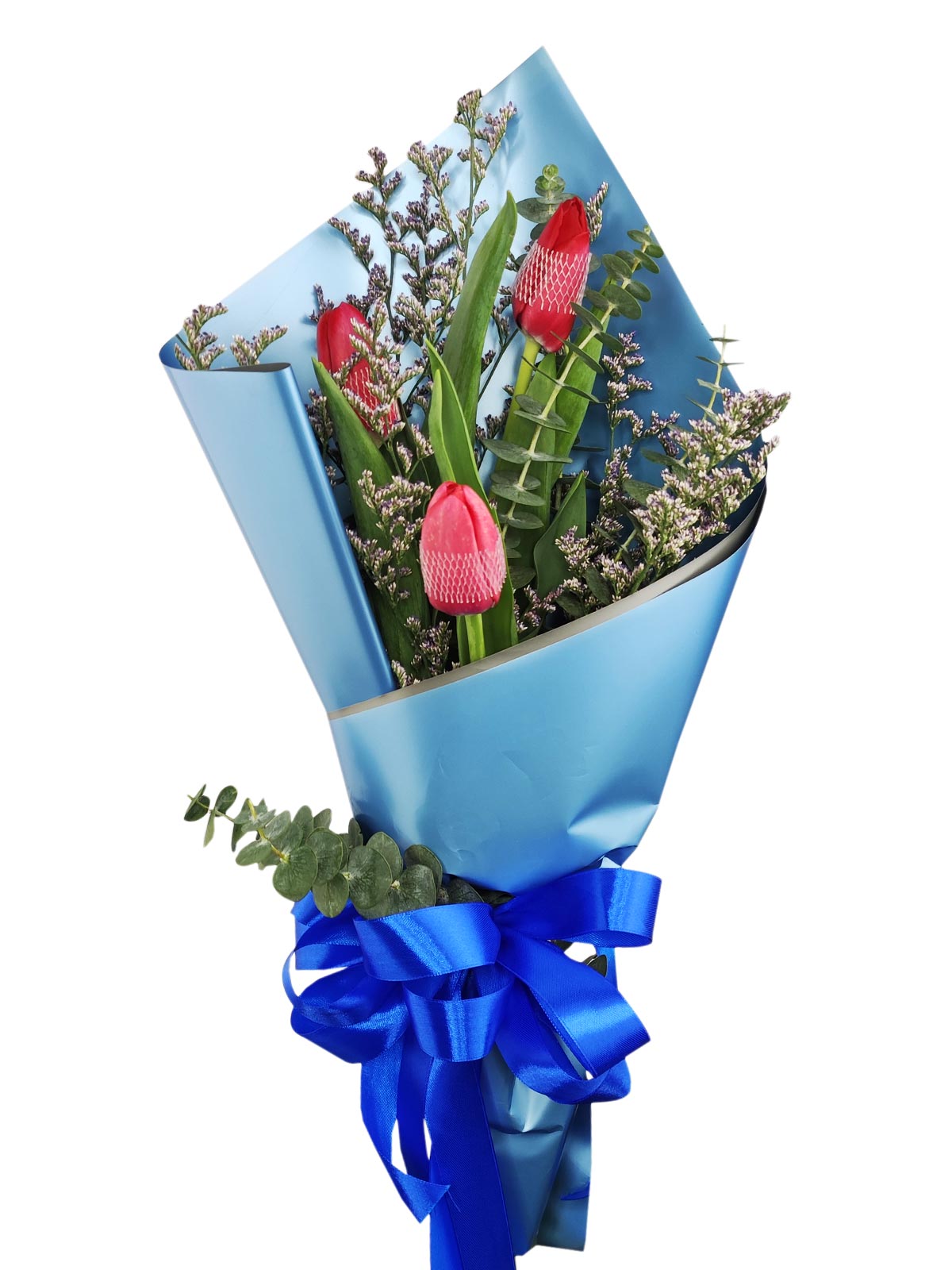 3 red tulips blue/silver