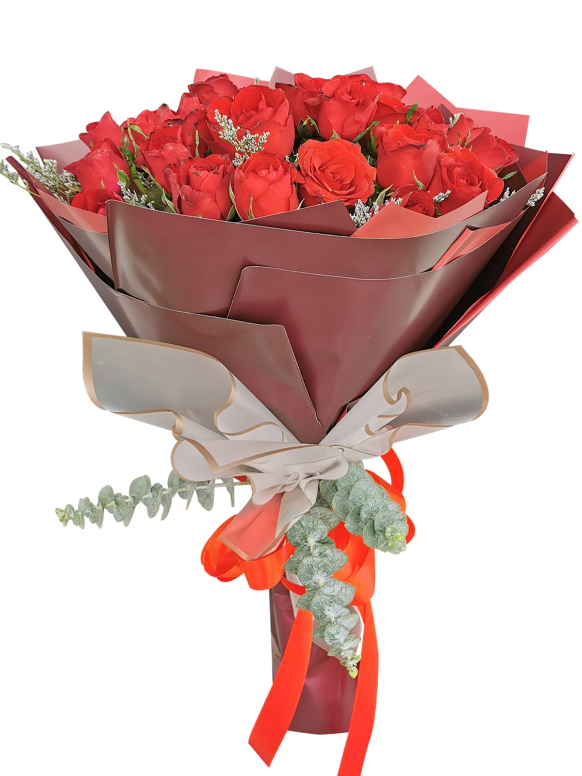 24 stem red roses, maroon wrapper