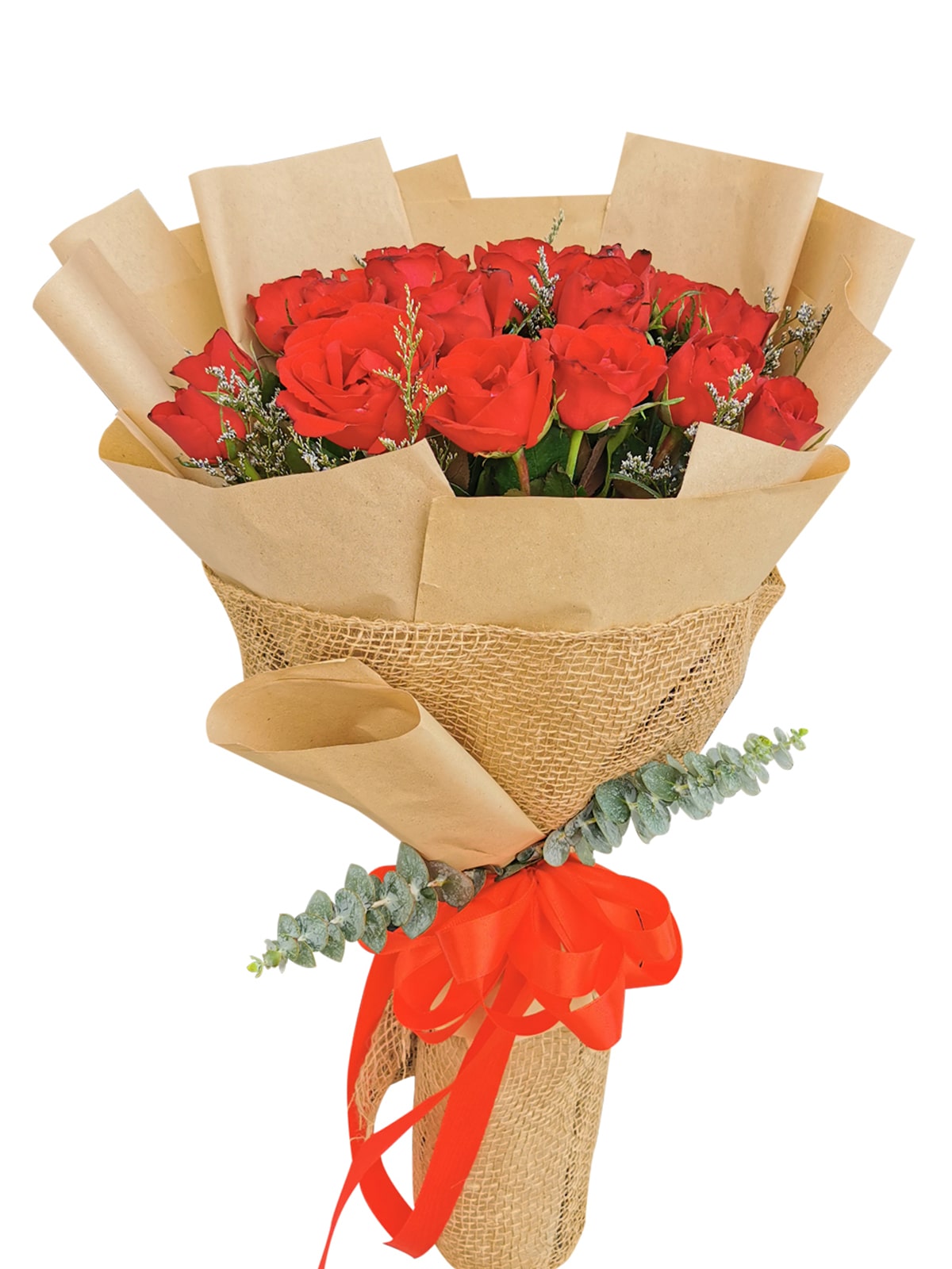 24 stem red roses, kraft jute wrapper