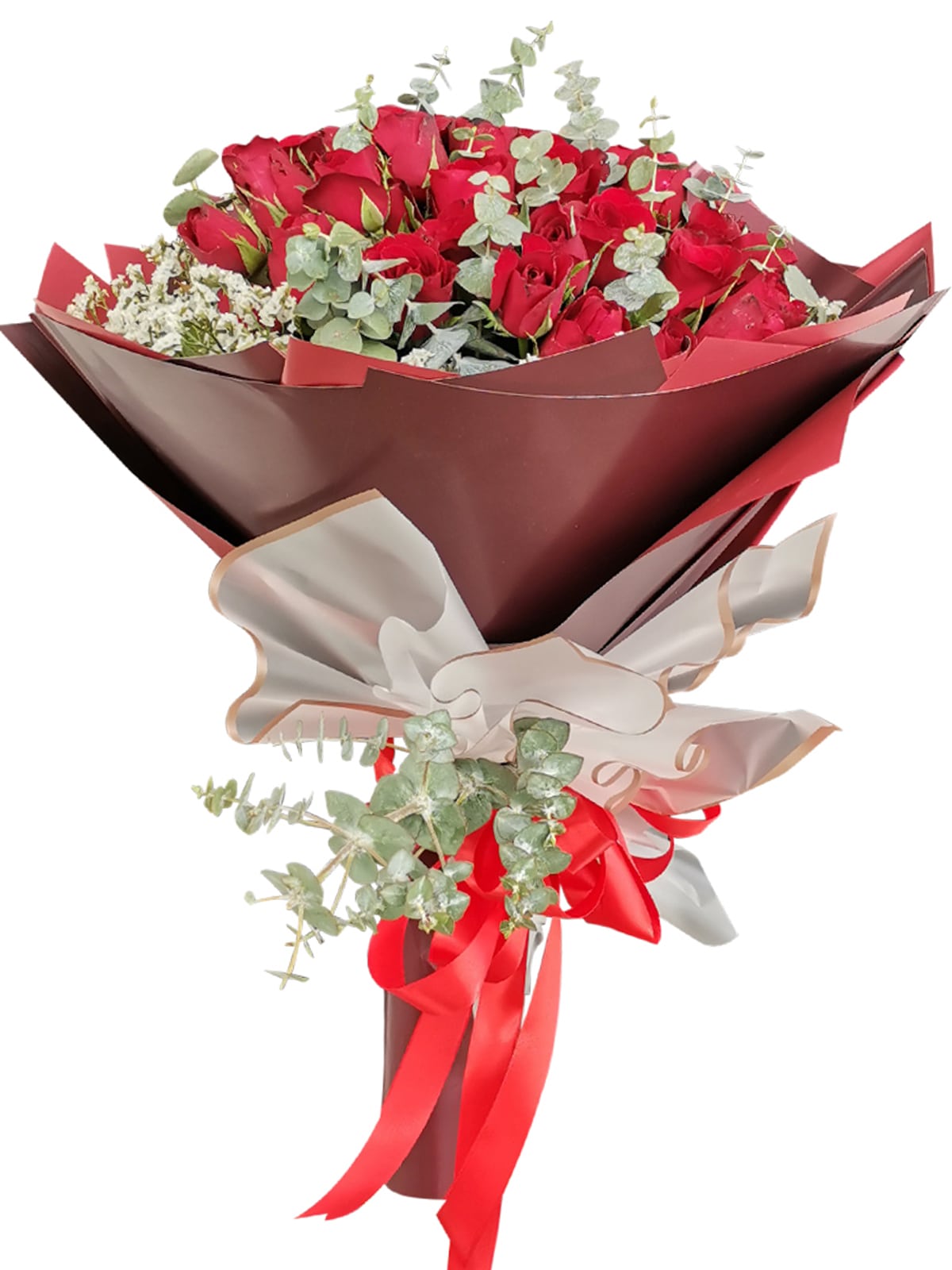 36 pcs red roses, maroon wrapper