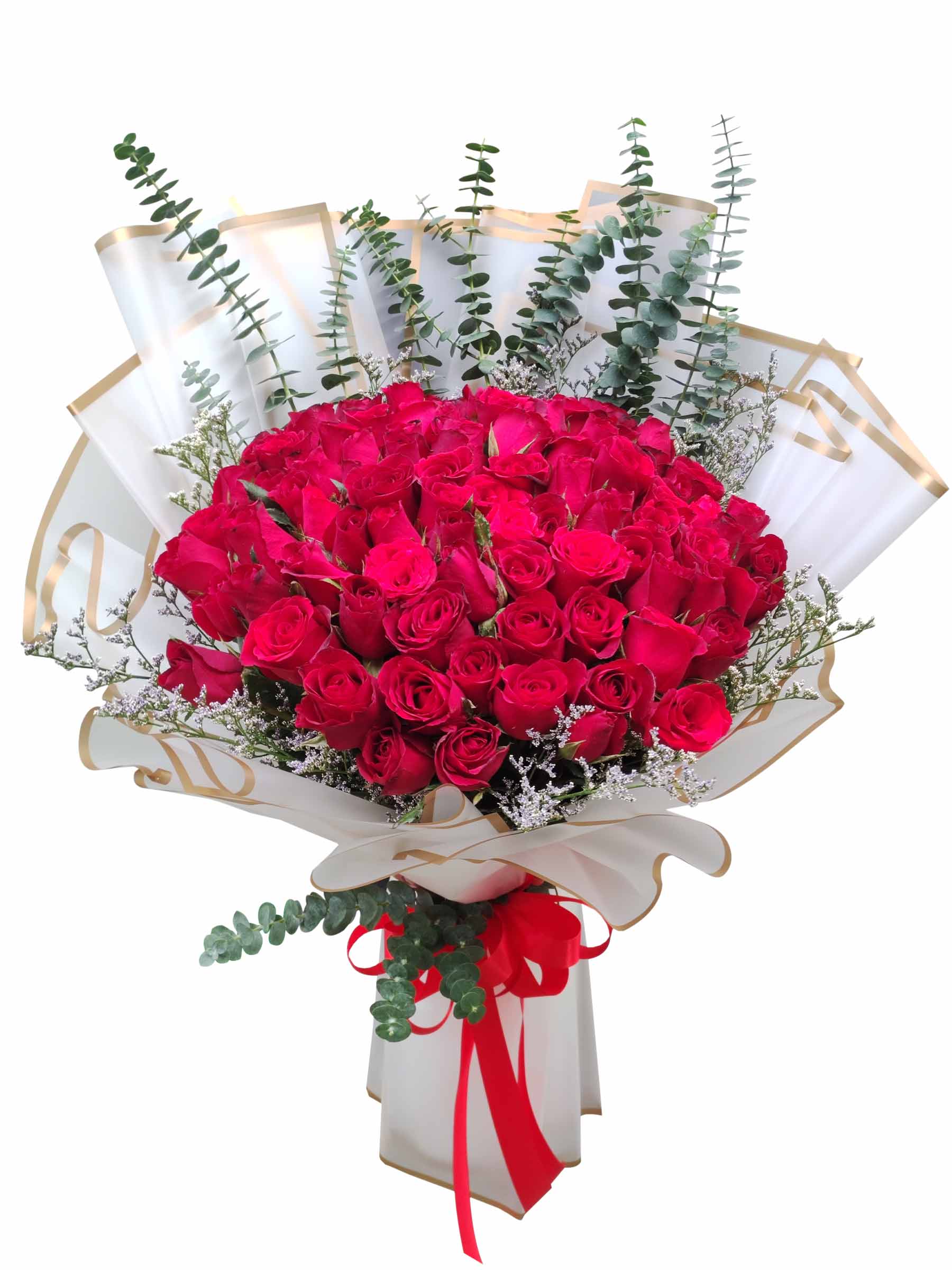 99 pcs red roses, white wrapper