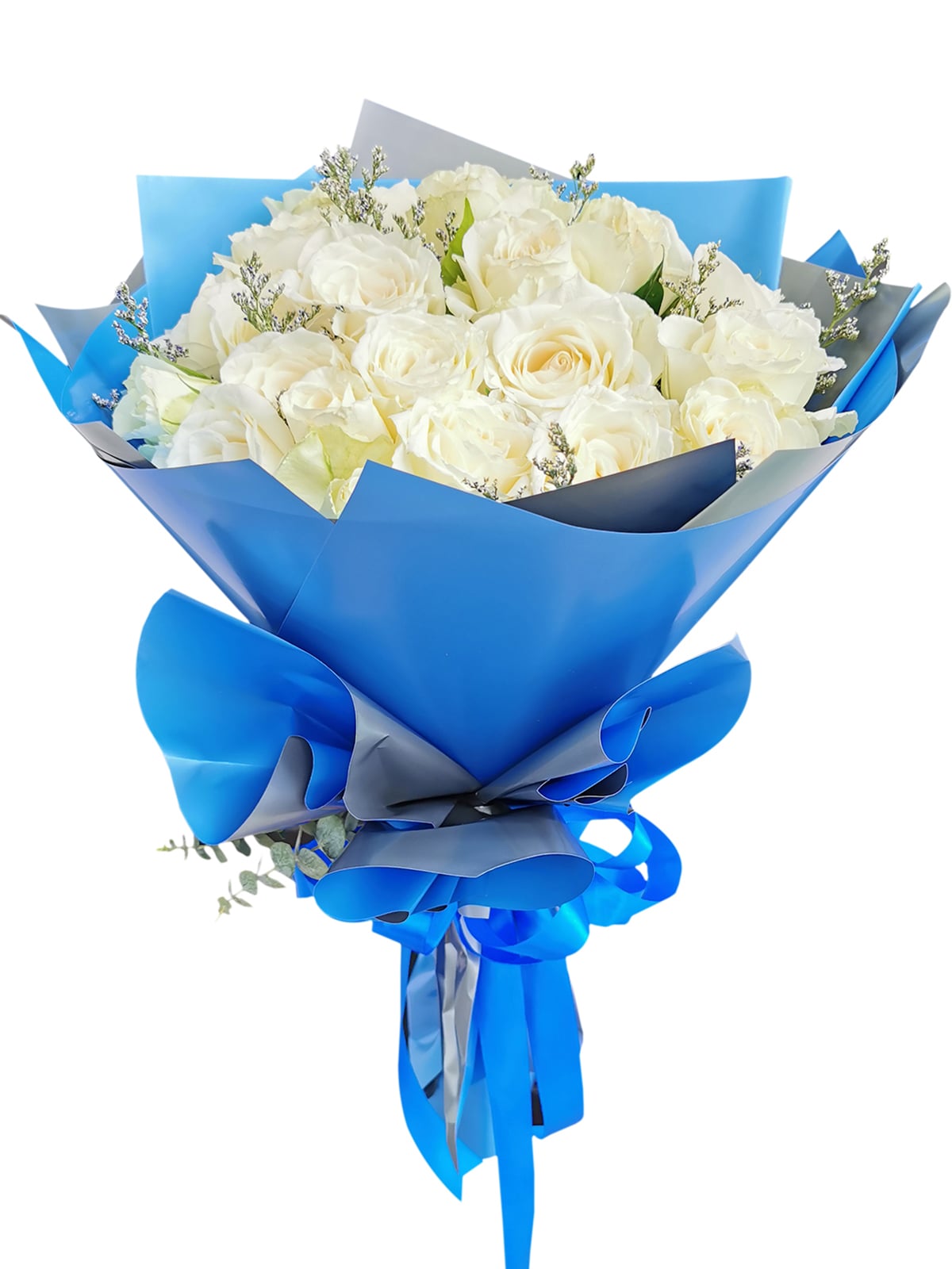 99 pcs white roses, blue