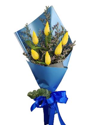 6 yellow tulips blue/silver
