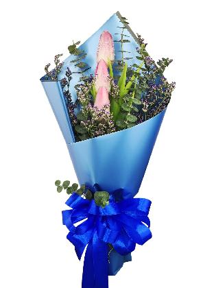 3 pink tulips blue/silver